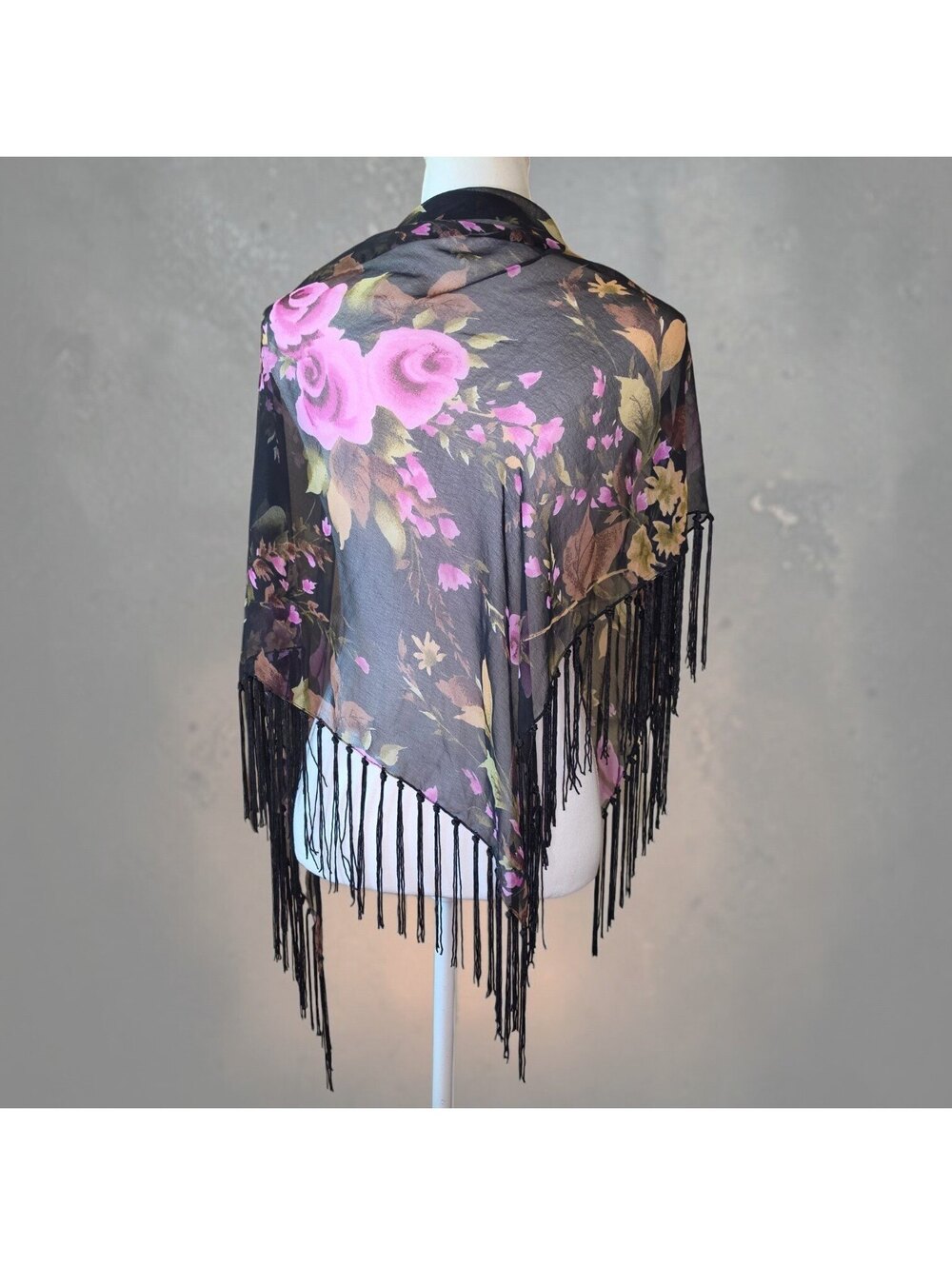 Black Pink Floral Sheer Fringe Shawl Womens Wrap Kimono Elegant Evening Cover Up